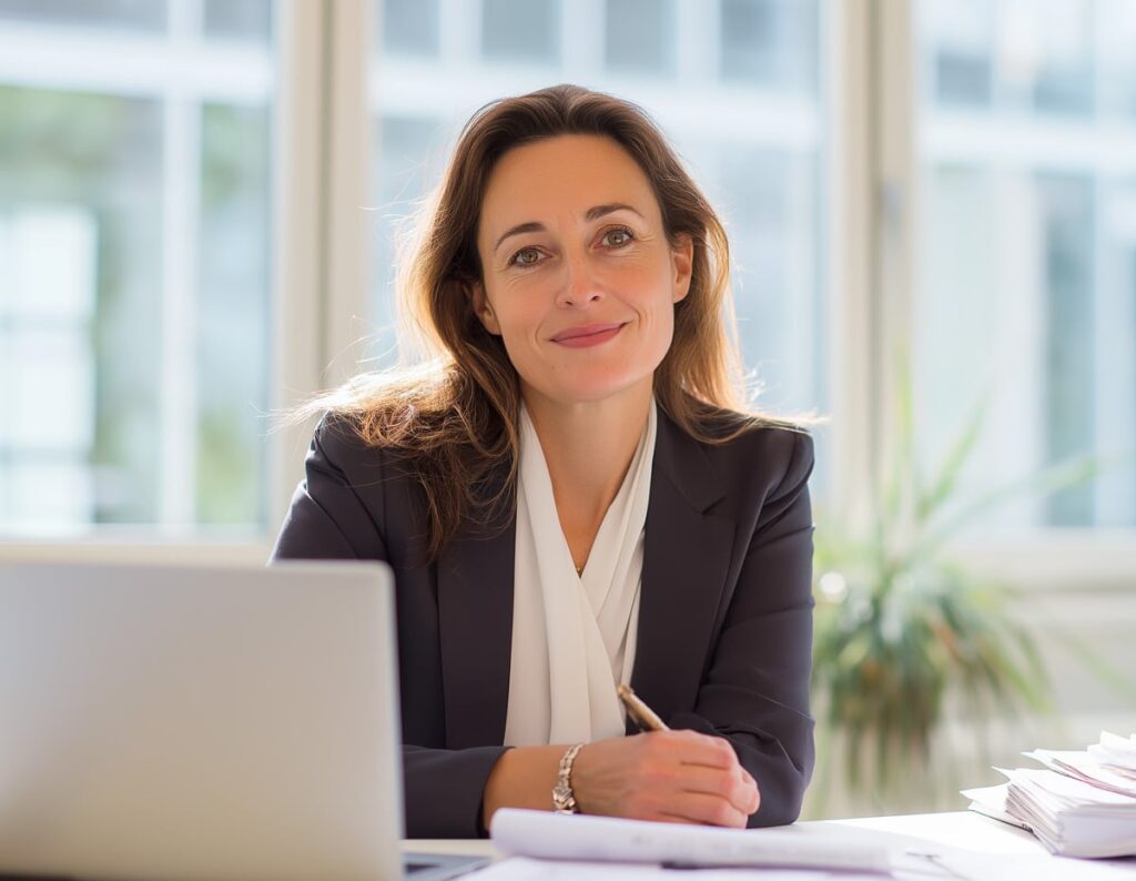 Dame in Businesslook sitzt am Schreibtisch
